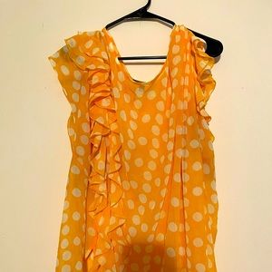 Yellow polka dot ruffled blouse.